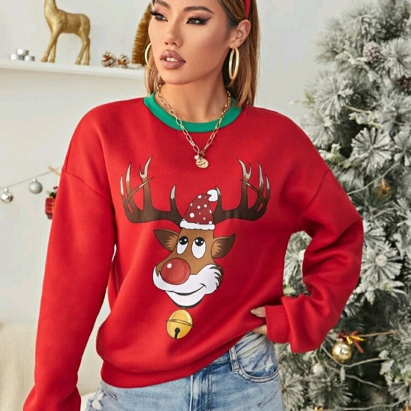 Drop Shoulder Christmas Print Rudolph reindeer Sweater shirt - Picture 3 of 7